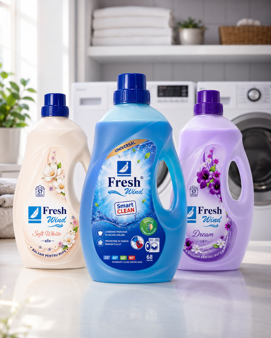 Gama Fresh Wind — detergent Smart Clean și balsamurile Soft White și Dream